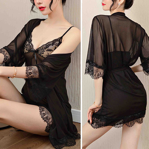 Black femboy sexy slip nightgown lingerie set