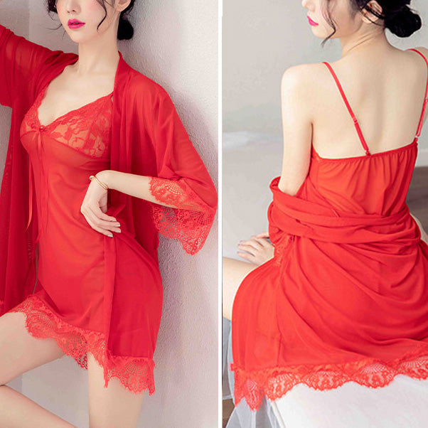 Red femboy sexy slip nightgown lingerie set