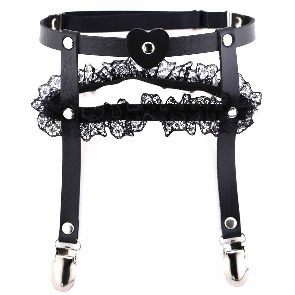 Black femboy double leather lace thigh garter