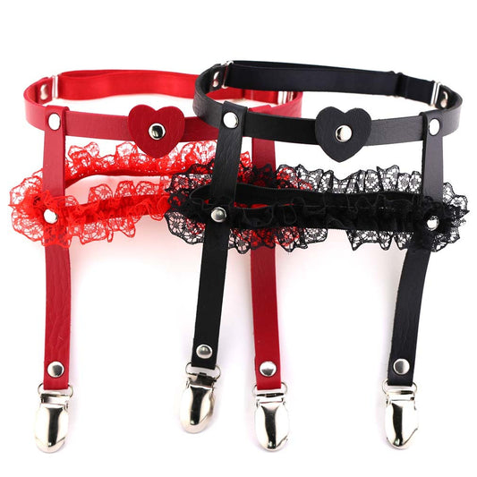 Femboy double leather lace thigh garter for femboy