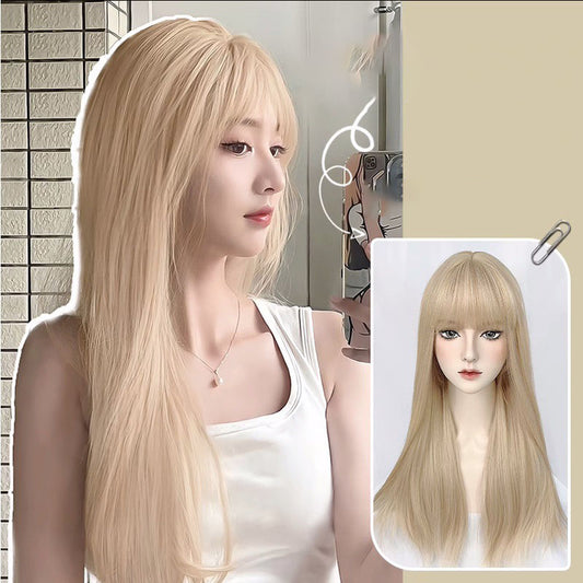 Femboy long straight blonde wig with bang detail