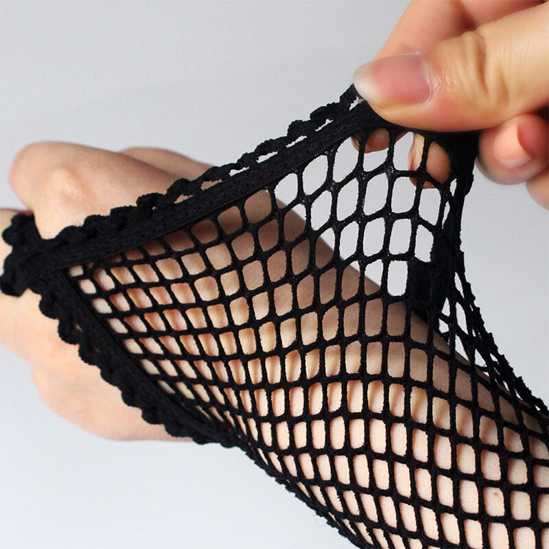 Femboy wear black femboy finger loop fishnet gloves detail