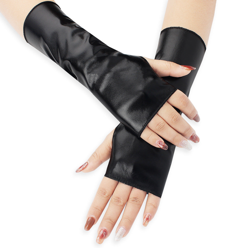 Femboy wear black femboy leather fingerless gloves for femboy