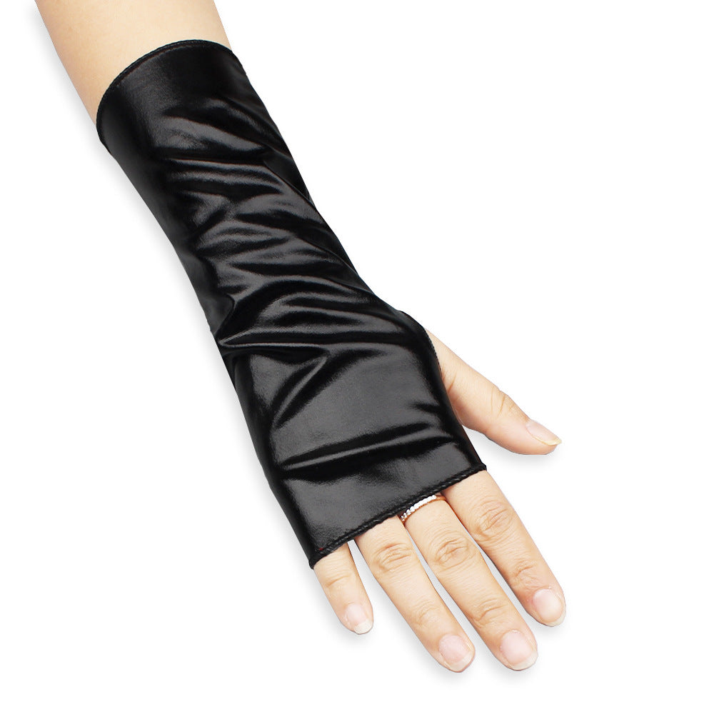 Femboy wear black femboy leather fingerless gloves