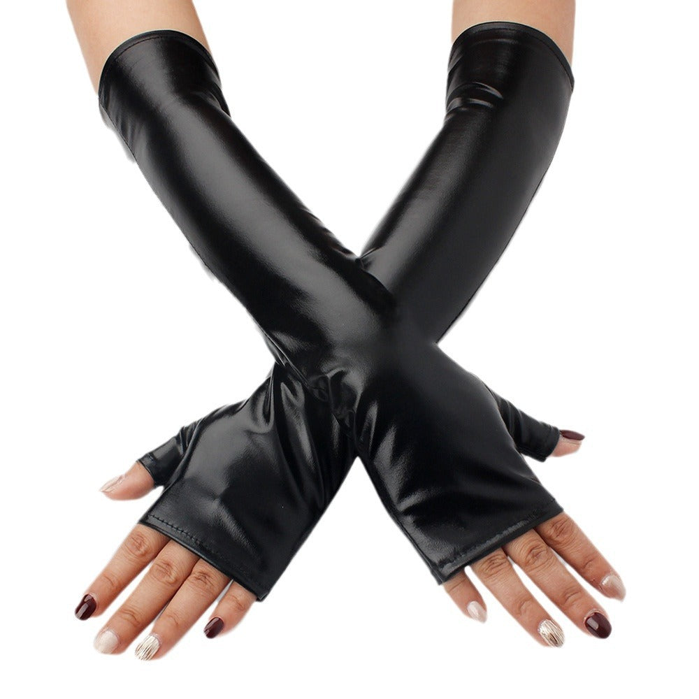 Femboy wear black femboy leather fingerless long gloves