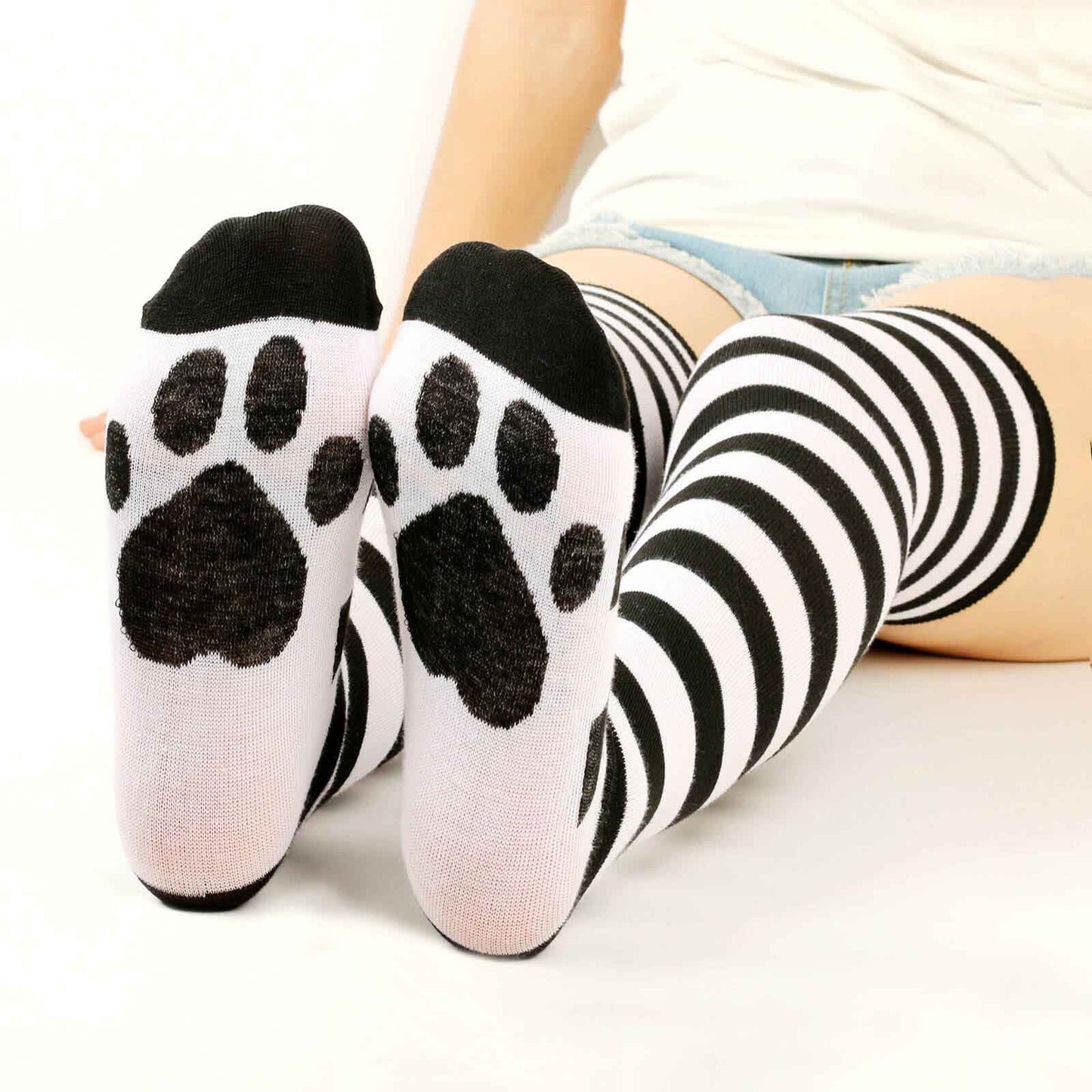 Femboy wear black femboy stripe thigh high cat paw socks