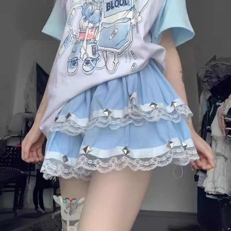 Femboy wear blue femboy double layer puffy skirt for femboy