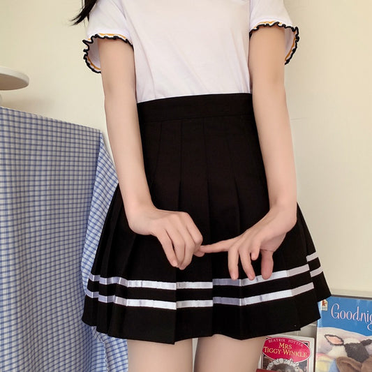 Femboy wear femboy black pleated skirt with white stripes