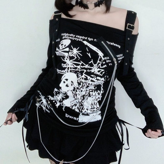 Femboy wear femboy black skull off shoulder long sleeve top femboy fashion