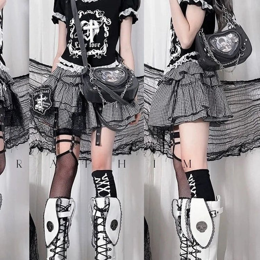 Femboy wear femboy gothic black and white plaid puffy skirt