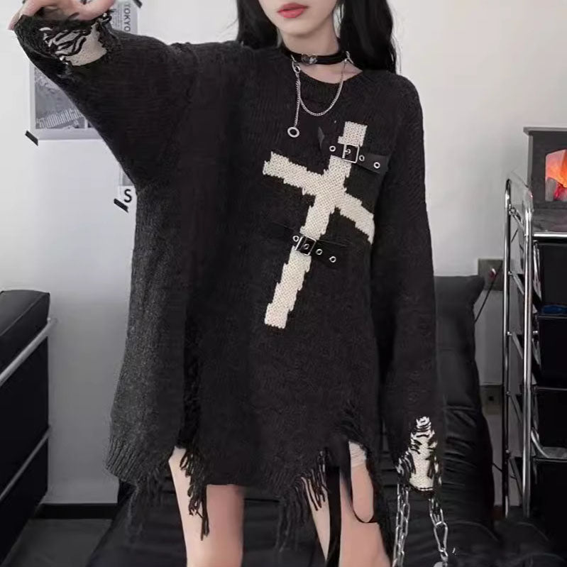 Femboy wear femboy gothic cross ripped sweater femboy fashion