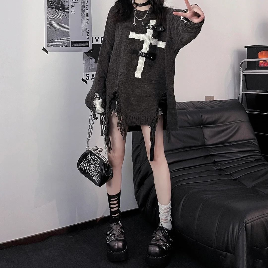 Femboy wear femboy gothic cross ripped sweater for femboy