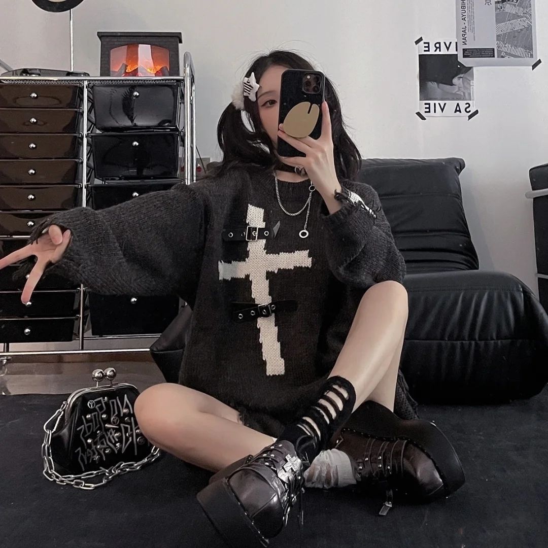 Femboy wear femboy gothic cross ripped sweater