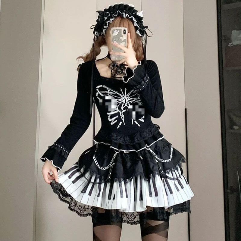 Femboy wear femboy gothic piano print puffy skirt for femboy