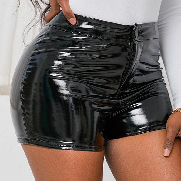 Femboy wear femboy high waisted stretch leather shorts side