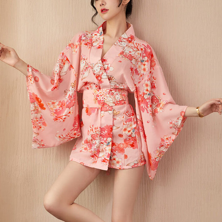 Femboy wear femboy japanese pink kimono lingerie set front