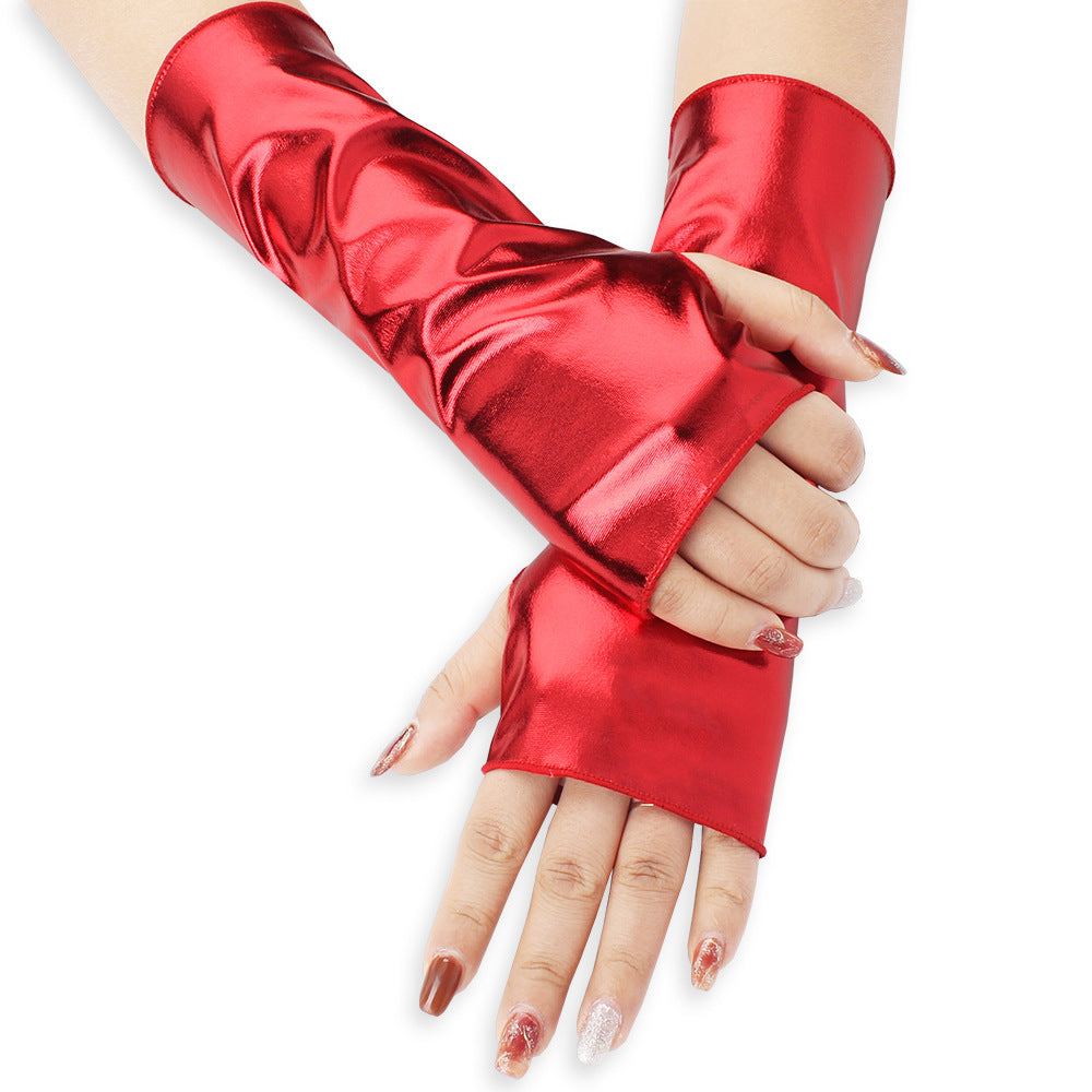 Femboy wear red femboy leather fingerless gloves for femboy