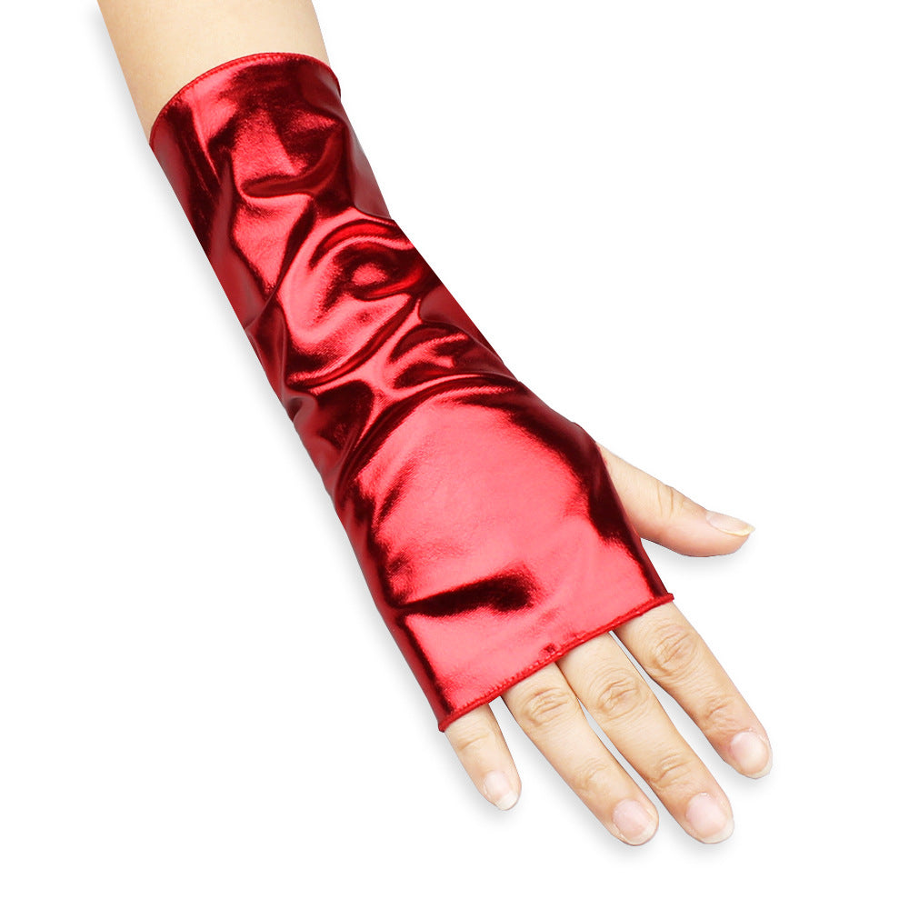 Femboy wear red femboy leather fingerless gloves