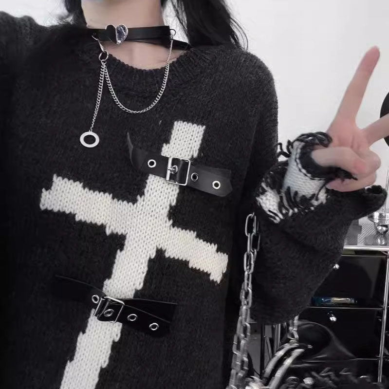 Femboy wear sexy femboy gothic cross ripped sweater for femboy