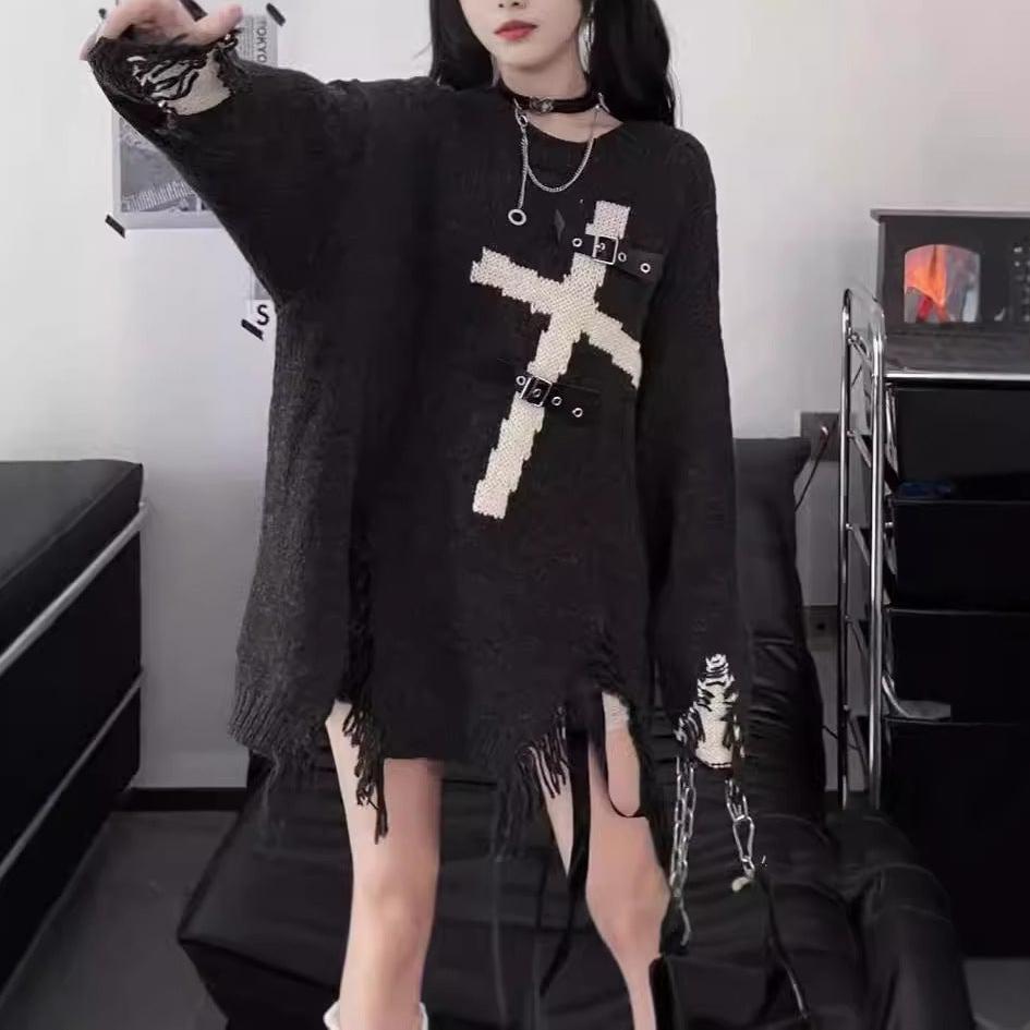 Femboy wear sexy femboy gothic cross ripped sweater