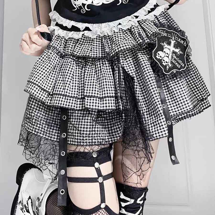 Femboy wear sweet femboy gothic black and white plaid puffy skirt femboy fashion