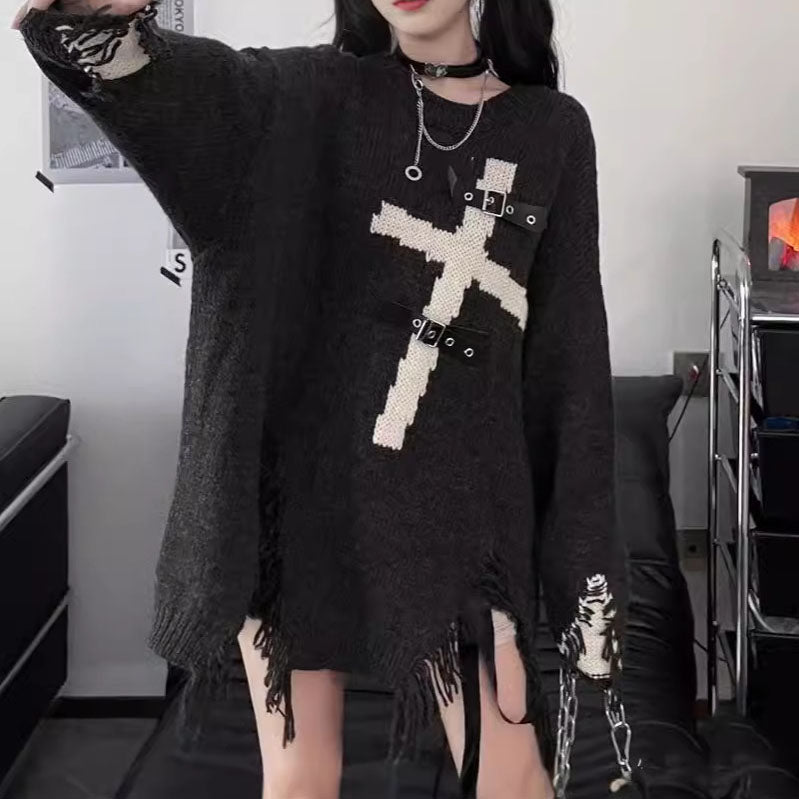 Femboy wear sweet femboy gothic cross ripped sweater femboy fashion