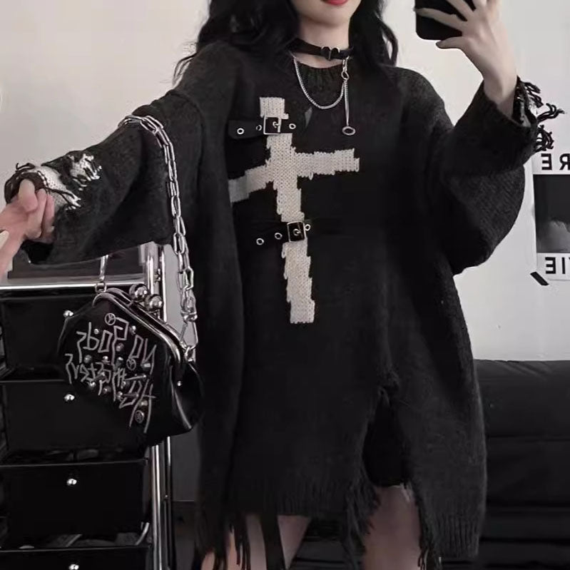 Femboy wear sweet femboy gothic cross ripped sweater for femboy