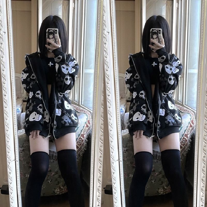 Femboy wear sweet femboy gothic skull print hoodie for femboy