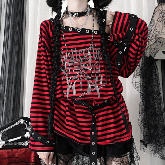 Femboy wear sweet femboy gothic striped long sleeve t shirt for femboy