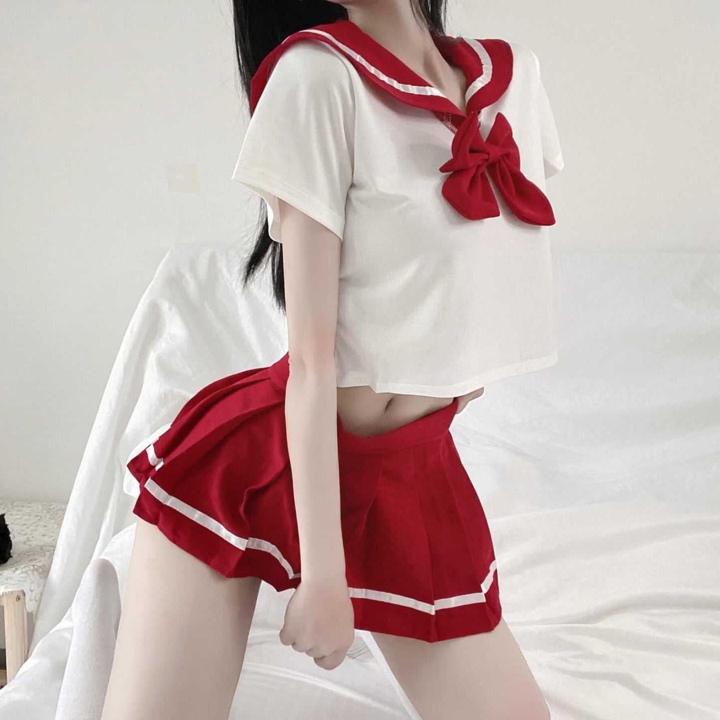 Femboy wear sweet femboy schoolgirl lingerie with bow for femboy