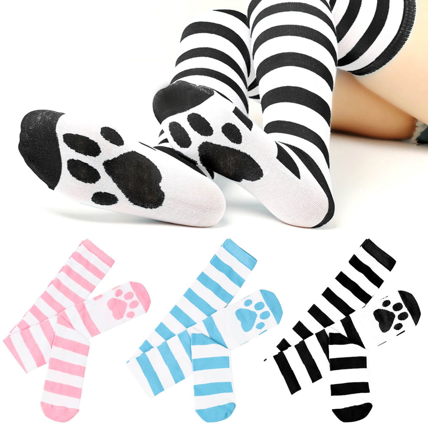 Femboy wear sweet femboy stripe thigh high cat paw socks for femboy