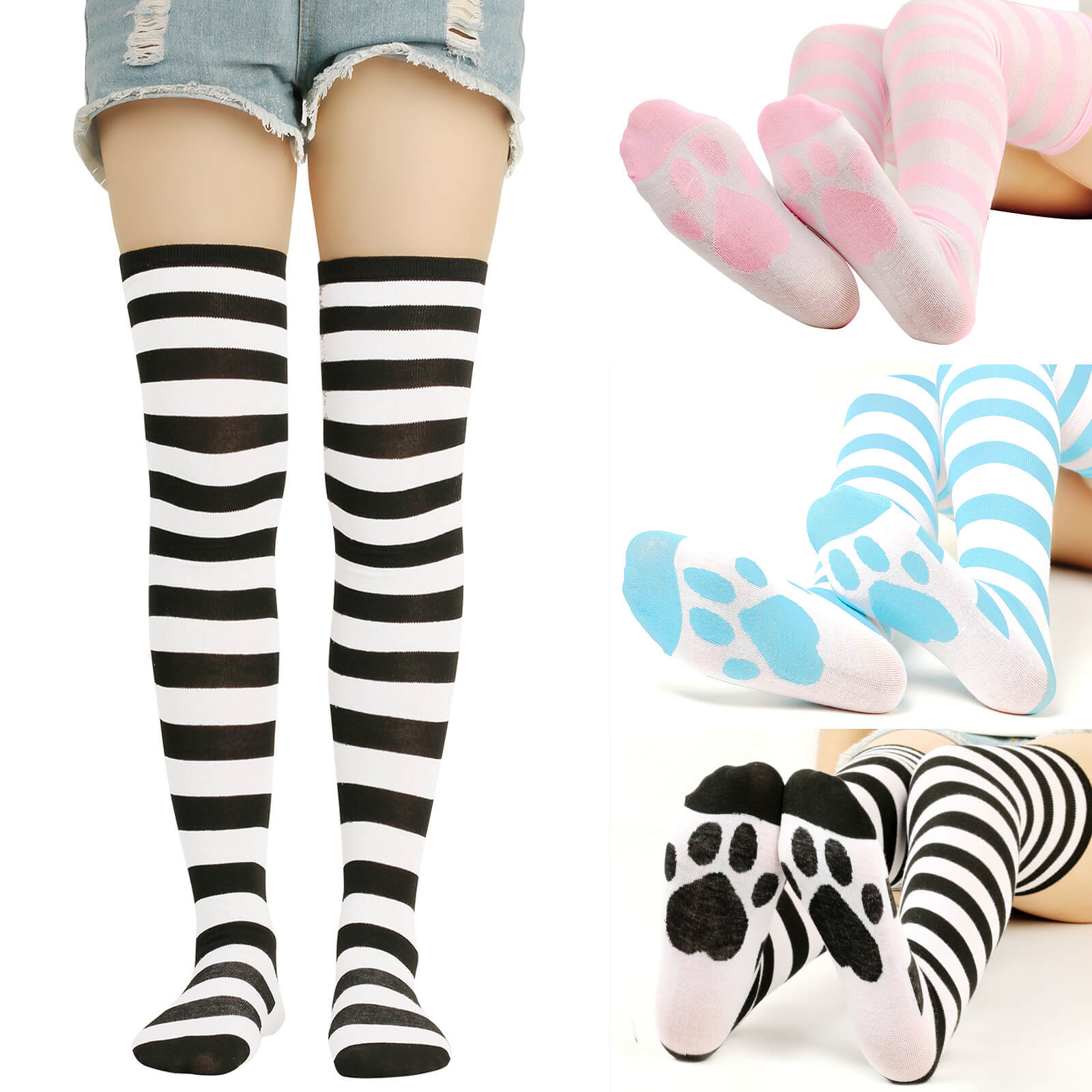 Femboy wear sweet femboy stripe thigh high cat paw socks