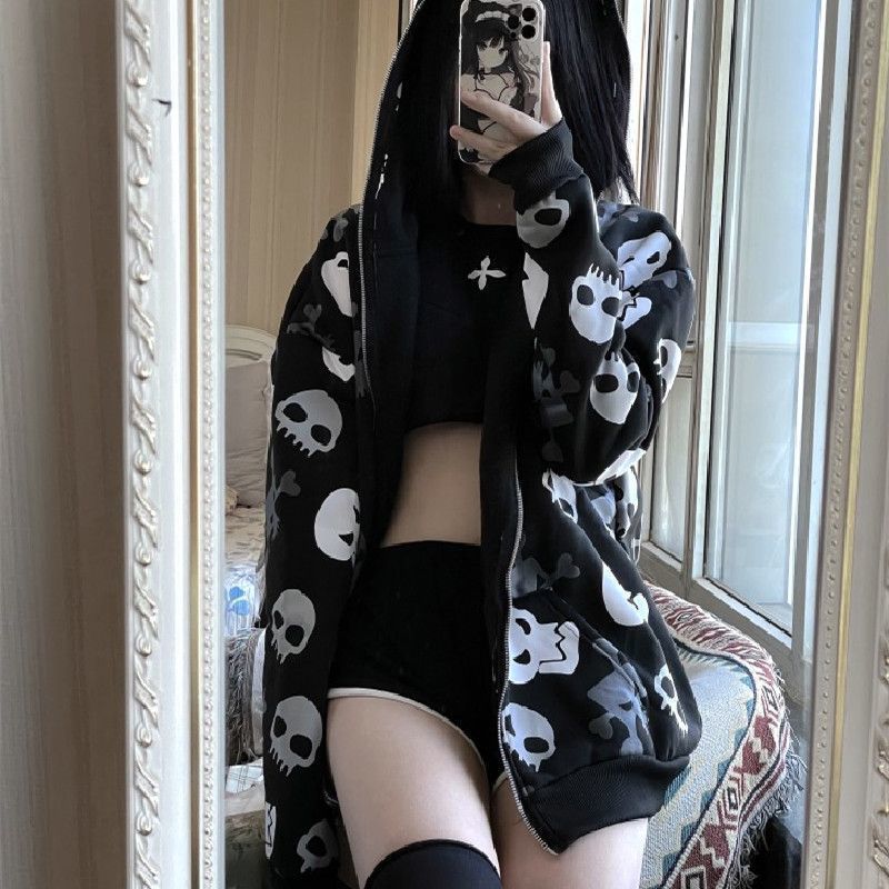 Femboy wear sweet sweet femboy gothic skull print hoodie femboy fashion