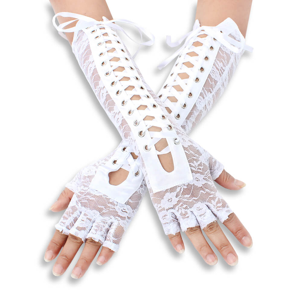 Femboy wear white femboy sexy lace up gloves