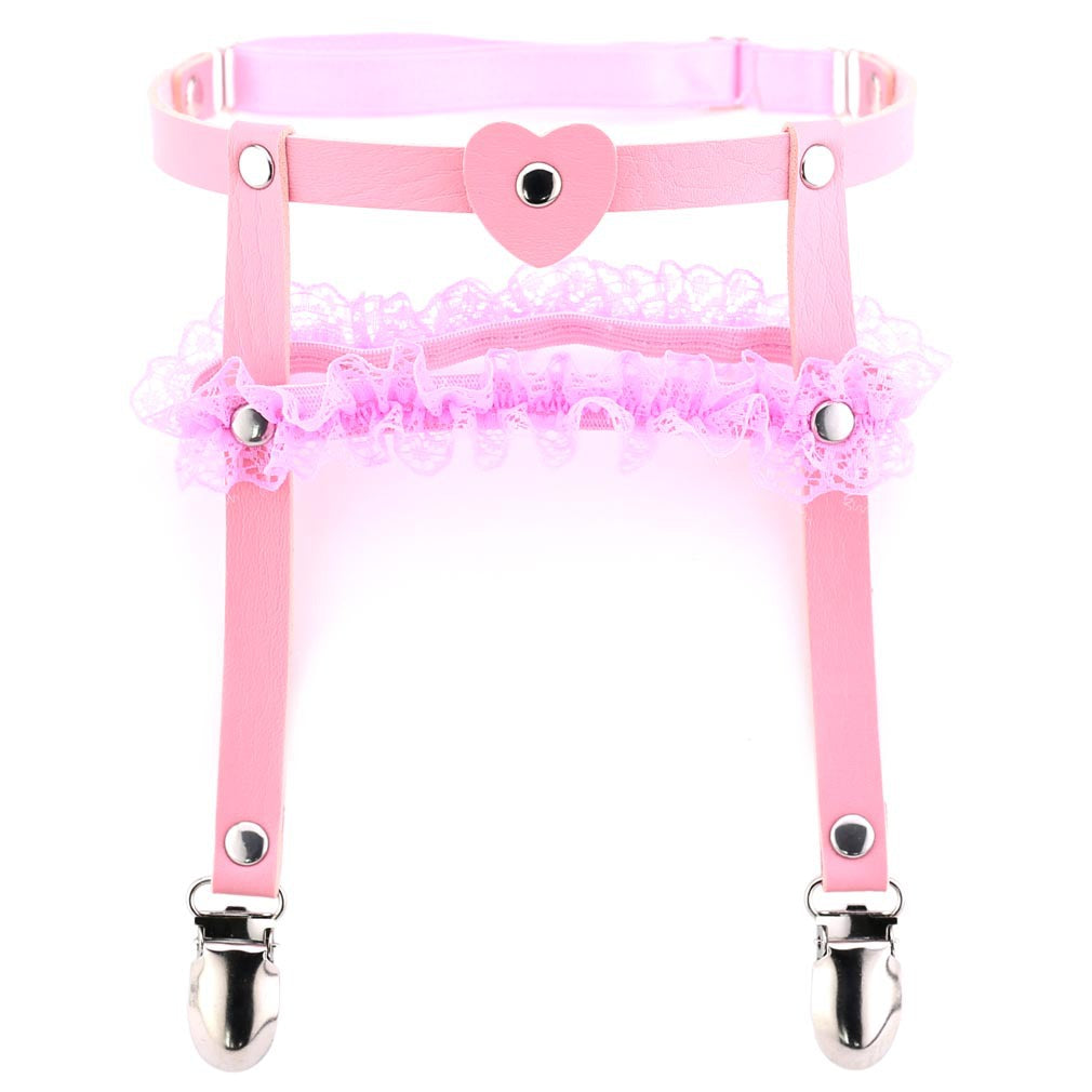 Pink femboy double leather lace thigh garter