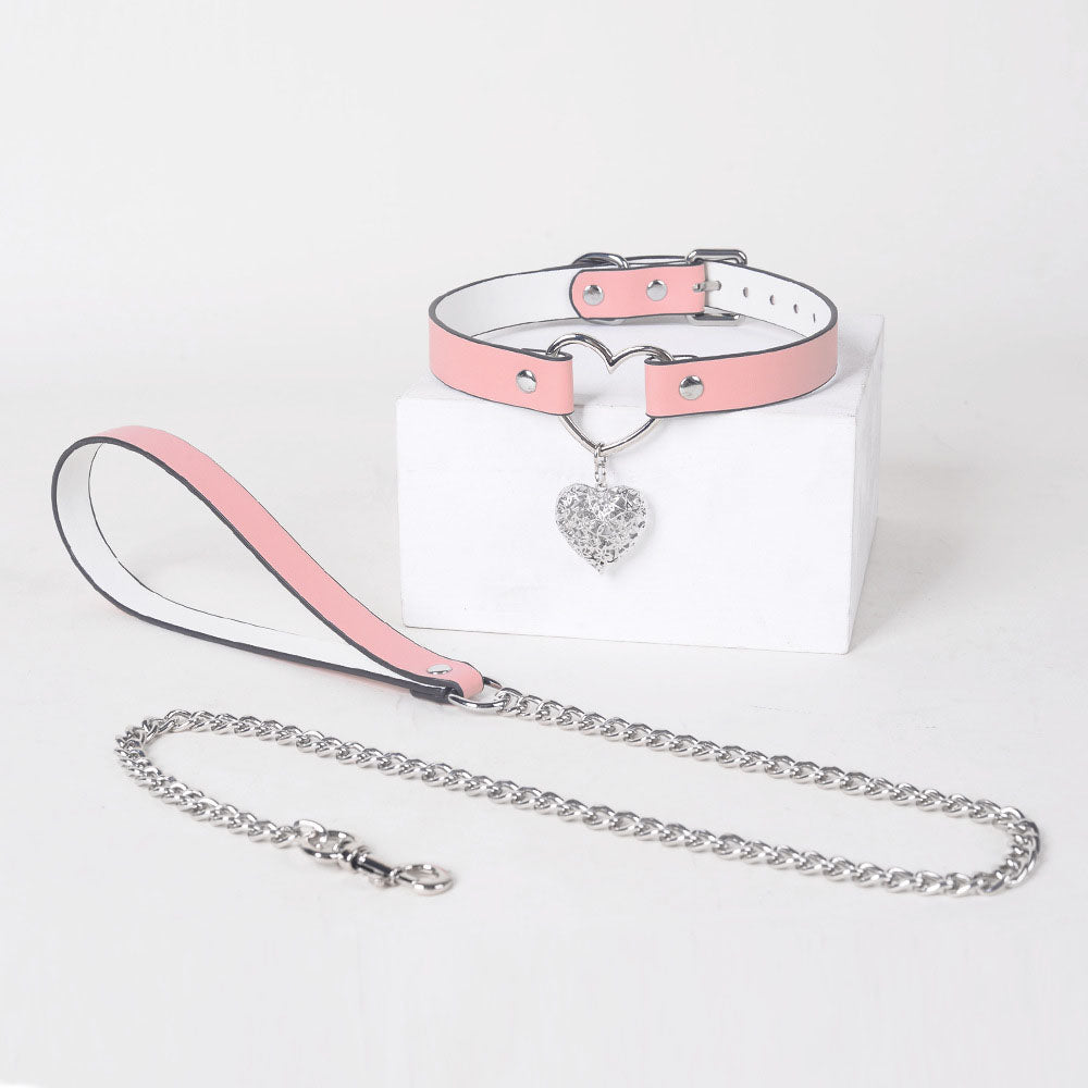 Pink femboy leather collar with heart pendant