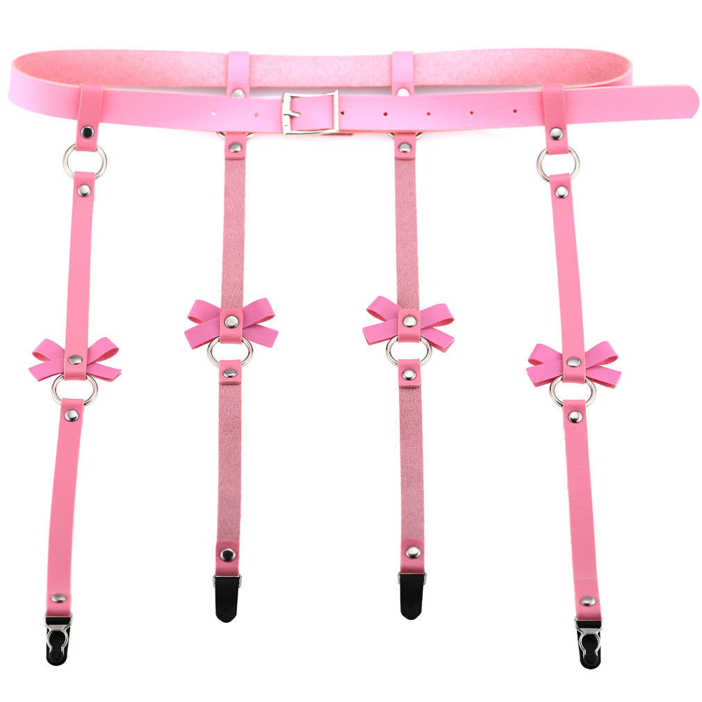 Pink femboy leather garter belt with bowknot