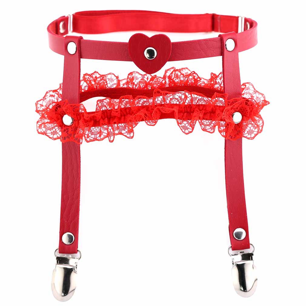 Red femboy double leather lace thigh garter