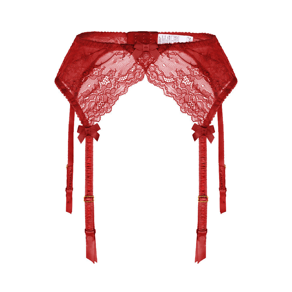 Red femboy lace 4 strap garter belt with bow