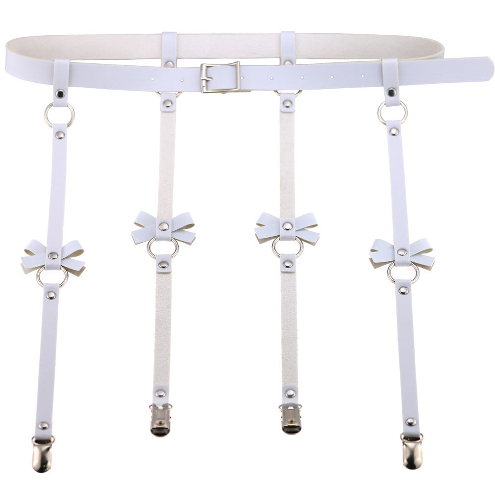 White femboy leather garter belt with bowknot